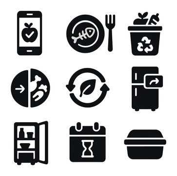 Food Waste Reduction Icons. Solid, filled icons set of food waste reduction: food tracker, leftover icon,