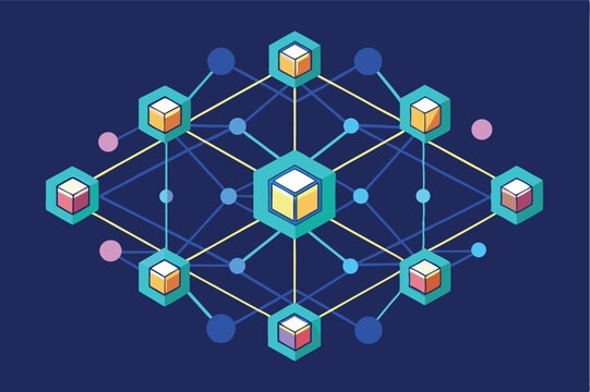 Visual representation of interconnected blocks in a network on a blue background showing data flow and interactions