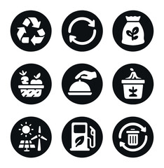Circular Food Icons. Solid, filled icons set of circular food systems: reuse icon, closed loop, compost bag,