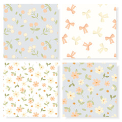 A charming vector set of four seamless patterns in soft pastel colors, featuring hand-drawn flowers, bows, and berries. Ideal for baby textiles, stationery, gift wrap, and gentle background designs.