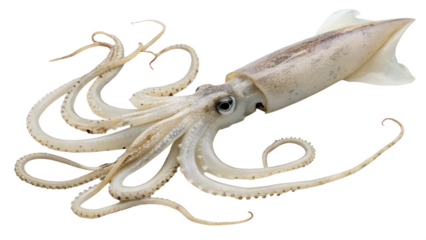 A detailed view of a squid with elongated body and long tentacles. The squid is displayed on a transparent background, showcasing its unique features.
