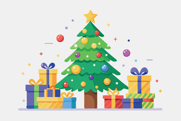 Brightly decorated Christmas tree surrounded by colorful gifts at a festive gathering