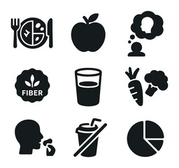 Clean Eating Icons. Solid, filled icons set of clean eating habits: balanced plate, whole food icon, mindful