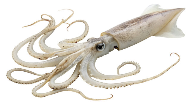 A detailed view of a squid with elongated body and long tentacles. The squid is displayed on a transparent background, showcasing its unique features.