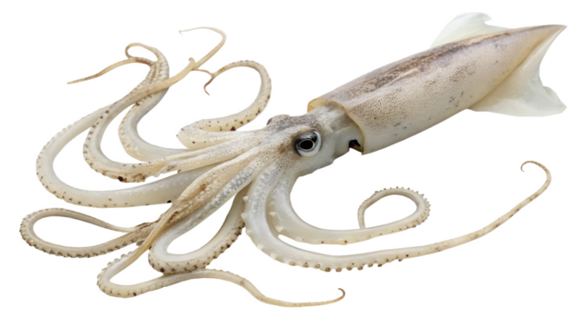 A detailed view of a squid with elongated body and long tentacles. The squid is displayed on a transparent background, showcasing its unique features.