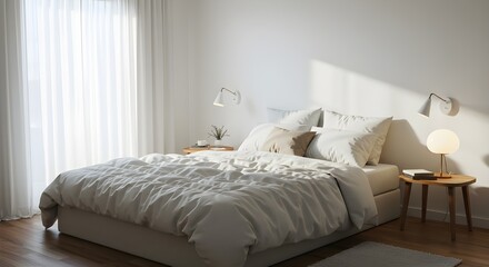 a cozy bedroom with soft lighting on isolated white background.