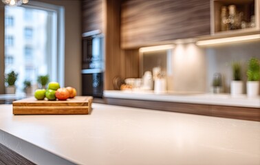Blurred modern kitchen countertop with fruit