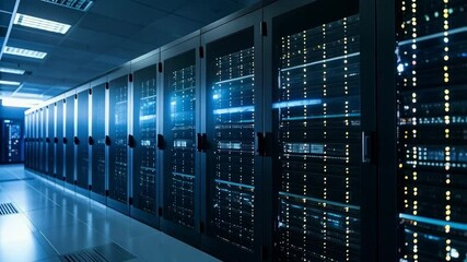 Row of dark server racks with blinking lights in a data center room for information technology and cybersecurity data storage - Powered by Adobe