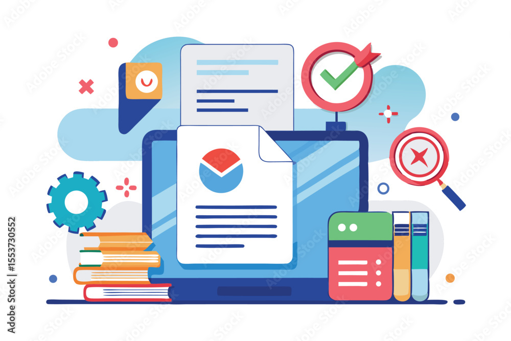 Poster document not found concept with laptop, check marks, and books illustrating challenge in accessing n