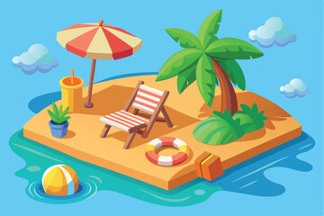 Obraz premium Colorful cartoon-style beach scene with lounge chair, umbrella, palm tree, and various playful objects depicting a sunny day at the beach