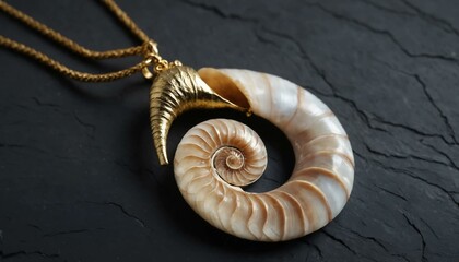 Gold nautilus shell pendant on chain with textured black background
