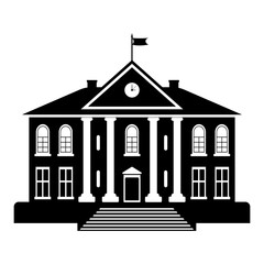 School Building Silhouette Vector Icon on Black and White Background.