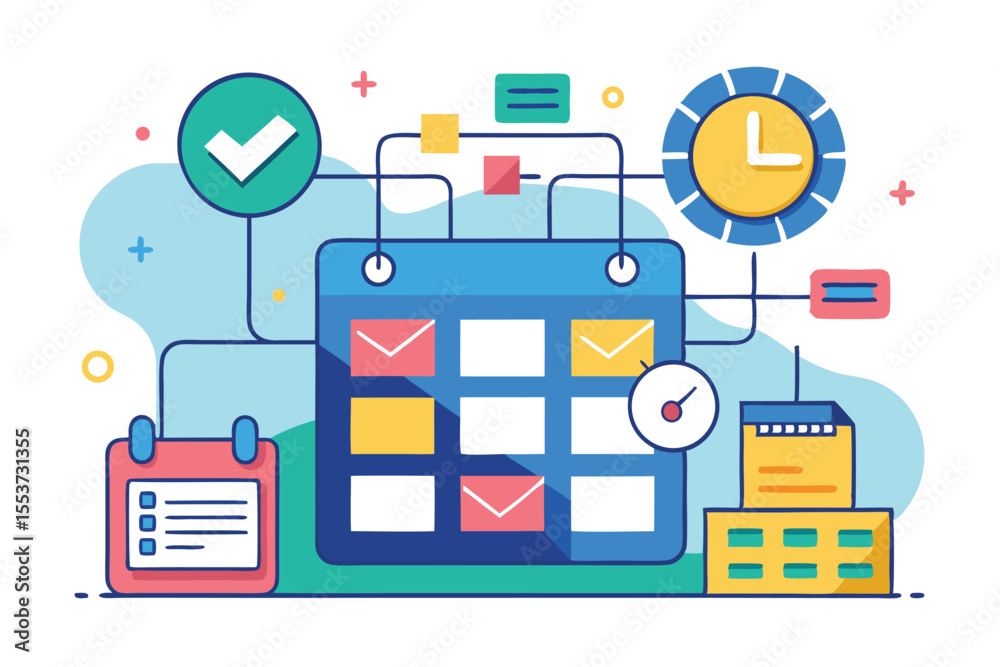 Poster visualization of scheduling systems showing calendar integration, notifications, and time management