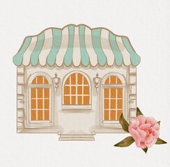 watercolor europe house empire style French windows peony flowers