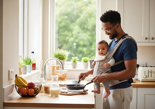 Young father cooking with a baby in a carrier. - Powered by Adobe