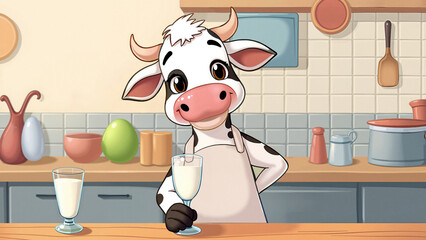 Black and white cow in a dairy offering fresh milk in a glass. Illustration of a cartoon cow character in an apron in a fitted kitchen offering a milk drink. Color image.