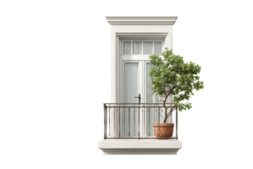 PNG Elegant balcony with potted tree and white door