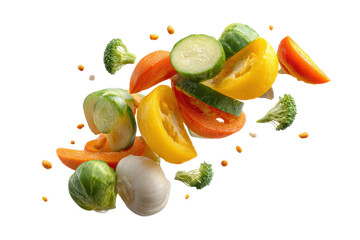 PNG Fresh vegetables floating: carrots, bell peppers, broccoli, brussels sprouts, and onion on black background