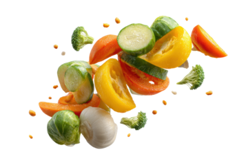 PNG Fresh vegetables floating: carrots, bell peppers, broccoli, brussels sprouts, and onion on black background