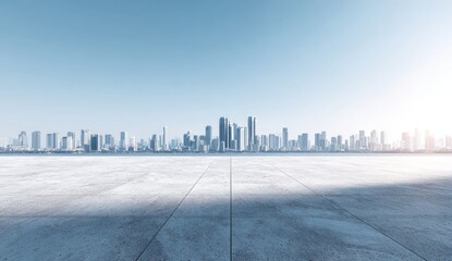 Empty city plaza, modern skyline