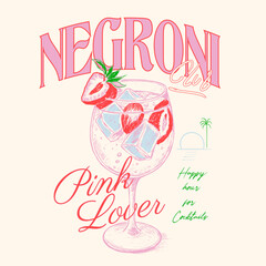 Negroni cocktail t shirt design. Tropical and exotic drink with citrus. hand drawn Flat vector collection. pink color design. strawberry print design .