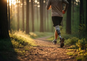 Man with a prosthetic leg running in a forest.