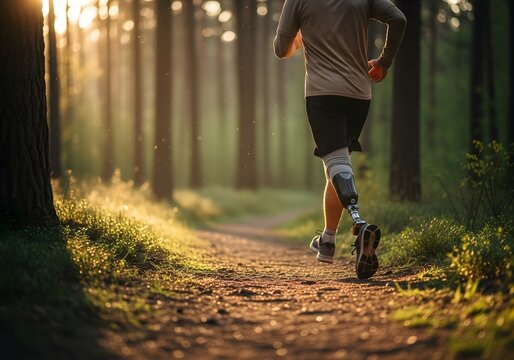 Man with a prosthetic leg running in a forest.