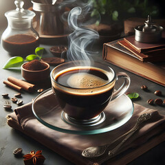  Glass cup with hot black coffee on clear saucer