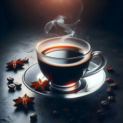  Glass cup with hot black coffee on clear saucer