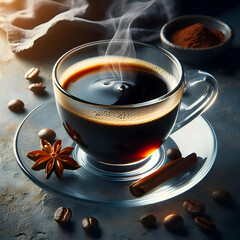  Glass cup with hot black coffee on clear saucer