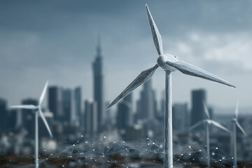 Wind Turbine Energy: A futuristic cityscape intertwines with sustainable energy as wind turbines generate power against the backdrop of a metropolitan skyline.
