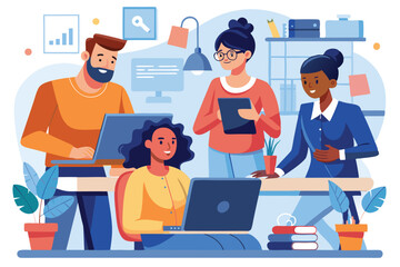 Illustration of a collaborative team of four diverse individuals working together in an office setting focused on technology and creativity during daytime