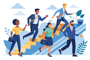 Business leadership concept showing a diverse group of professionals progressing upward on stairs in a modern workplace setting