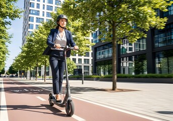 Woman commuting on an electric scooter.