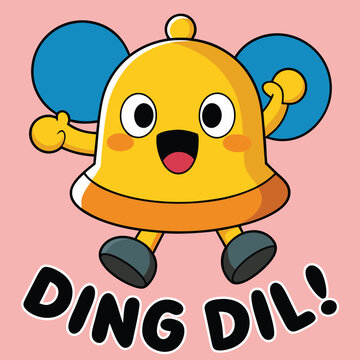 Yellow happy bell rings with joy on a pink background and says ding dil