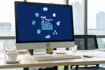 Cost reduction, cost saving concept shown on computer screen brisk, corporate business efficiently...