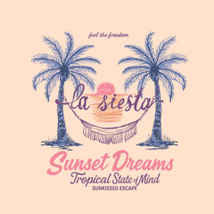 vintage hand drawn illustration of two palm trees with a hammo. Sunset summert shirt design. womens girls t-shirt design. beach vector graphic tee. tropical palm tree art in hand sketch.