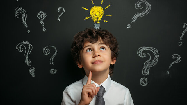 Back to School: Young Student Thinking with Idea Lightbulb and Question Marks - Powered by Adobe