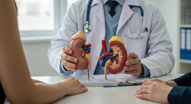 Nephrology Care: Doctors consult patients on kidney health with anatomical models. Montage of healthcare & renal disease awareness images.