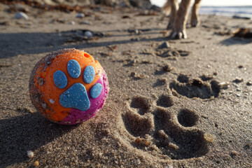Dog toy in sand next to fresh paw prints at beach
