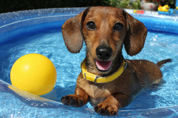 Dachshund in inflatable pool with yellow ball on summer day