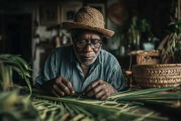 Elderly man weaving palm leaves by hand in rustic workshop