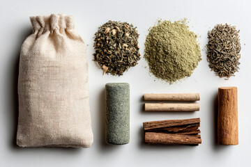 Dried herbs with linen pouch and incense