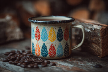 Enamel mug with colorful abstract hand painted pattern on rustic wood