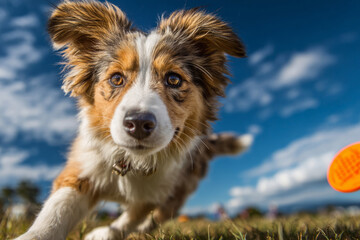 Energetic dog playing outdoors with toy