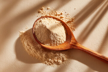 Ayurvedic powder in wooden spoon with shadow on background