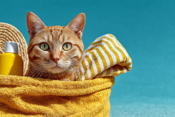 Cute cat peeking out of towel bag with beach essentials