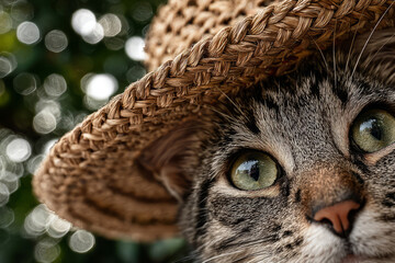 Cat peeking from straw hat with green eyes in summer light