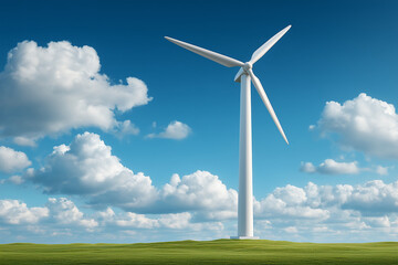 Fototapeta premium Wind Turbine in the Sky: A majestic wind turbine stands tall against a backdrop of a vibrant blue sky dotted with fluffy clouds and a grassy field.