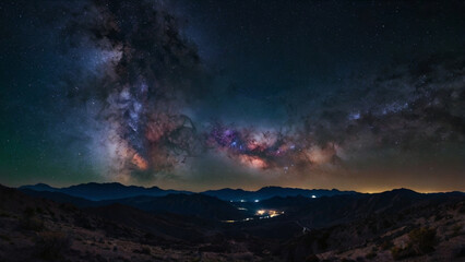 Stunning Milky Way shining above dark mountain silhouettes under starry sky.